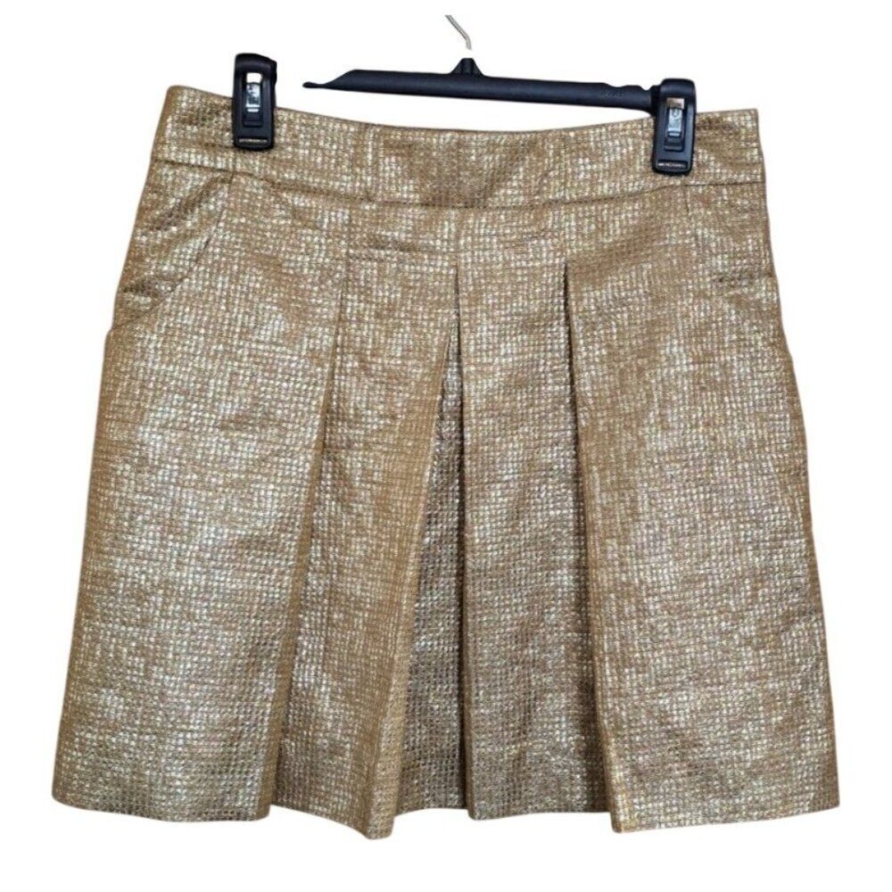 J. Crew Collection Gold Metallic Pleated Mini Skirt glam chic elegant bling